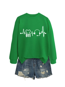 Detail of bright green 911 dispatcher sweatshirt with ECG heart and headset graphics