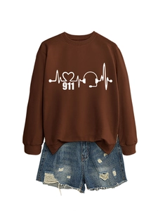 Detail view of brown sweatshirt with heart rate monitor, 911, and headphone graphic print