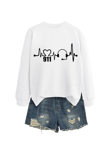 Detail of 911 heartbeat and headset print on white sweatshirt with denim shorts