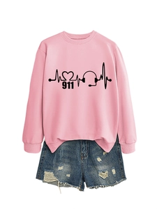 Detail of pink crewneck sweatshirt with black ECG 911 headset print and denim shorts
