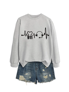 Detail of grey sweatshirt with 911 heartbeat print and ripped denim shorts for women