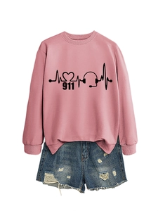 Detail of pink sweatshirt with electrocardiogram and headphone print paired with ripped shorts