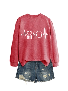 Detail view of red dispatcher sweatshirt with 911 heart graphics and ripped denim shorts
