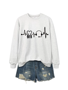 Detail of 911 dispatcher sweatshirt with ECG heart and headphone print on cotton fabric