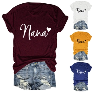 Detail view of cotton Nana heart print t-shirts in burgundy, white, yellow and blue colors