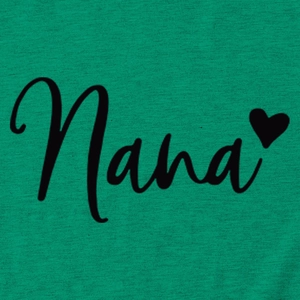 Close-up of green cotton fabric showing Nana script and black heart print texture
