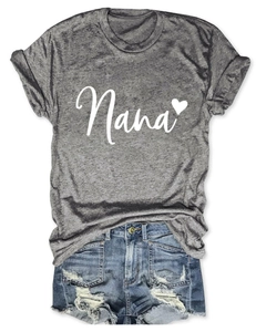 Close-up of Nana heart print on grey cotton t-shirt with denim shorts detail