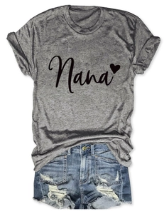 Close-up of gray cotton t-shirt with black Nana lettering and heart print on white background