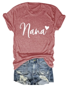 Detailed close-up of reddish-brown crew neck Nana t-shirt with heart graphic print