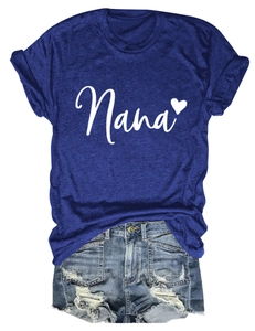 Flat lay of navy blue Nana heart print t-shirt and distressed denim shorts with frayed edges