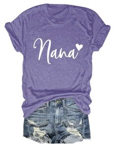 Detail of purple heather crew neck T-shirt with white Nana heart print and denim shorts