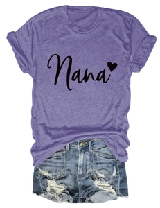 Flat lay of purple crewneck cotton T-shirt with Nana heart print and denim shorts