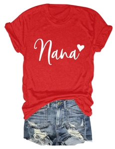 Detail of red Nana heart print t-shirt paired with distressed light blue denim shorts