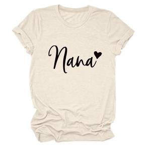 Detail of Nana text print and heart design on short sleeve cream cotton T-shirt