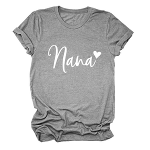 Close-up of grey Nana heart print t-shirt featuring rolled sleeves and soft knit texture