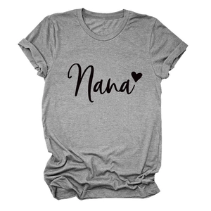 Detail view of charcoal grey cotton t-shirt with Nana script and heart print design