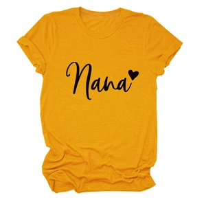 Close-up of Nana script print and black heart on a mustard yellow crew neck cotton T-shirt