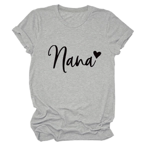 Detail of Nana heart print on light grey crew neck short sleeve cotton knit T-shirt