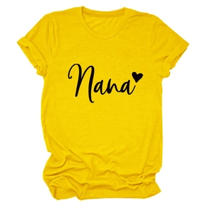 Detail of Nana text and heart print on a yellow crewneck cotton t-shirt for women