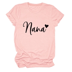 Detail view of light pink Nana T-shirt with heart print and soft cotton crew neck fabric