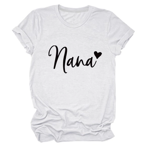 Close-up of Nana text and black heart print on a white crew neck short sleeve T-shirt