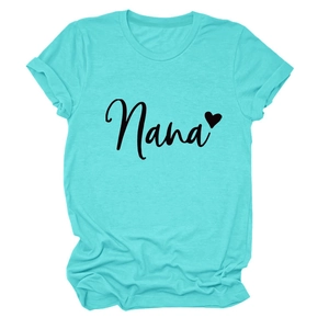 Detail of teal cotton T-shirt featuring Nana lettering and black heart print on fabric