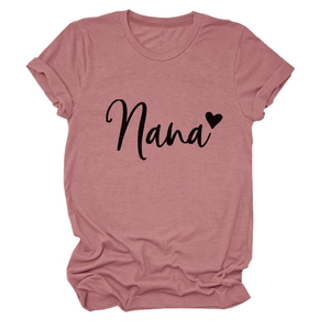 Detail of Nana text and heart print on a dusty rose crewneck short sleeve T-shirt