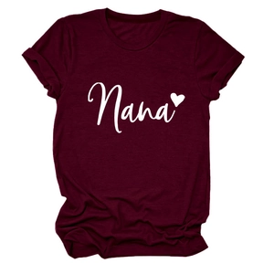 Detail of Nana heart print on burgundy short sleeve cotton t-shirt for women