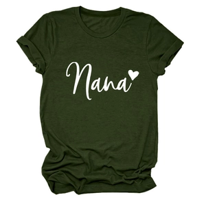 Detailed view of dark green Nana heart print on a cotton blend crew neck t-shirt