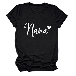 Close-up of rolled sleeves and heart Nana print on a casual black cotton crewneck T-shirt