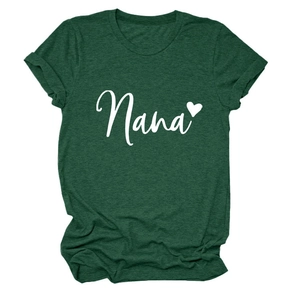 Detail of Nana text and heart print on dark green short sleeve crew neck t-shirt