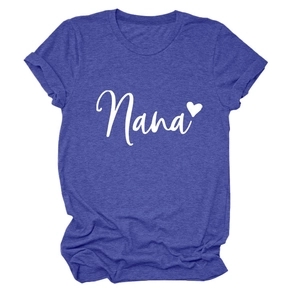 Close-up of heather purple Nana t-shirt with heart graphic and rolled sleeve detail
