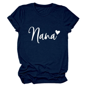 Detail of Nana heart print on dark blue cotton T-shirt with rolled sleeves