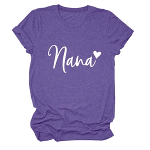 Close-up of purple Nana heart print t-shirt featuring a heather texture and soft cotton fabric