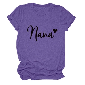 Detail of Nana lettering and heart print on purple heathered crew neck cotton t-shirt