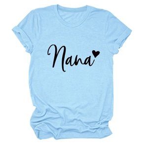 Detail of light blue crew neck T-shirt with black Nana text and small heart print