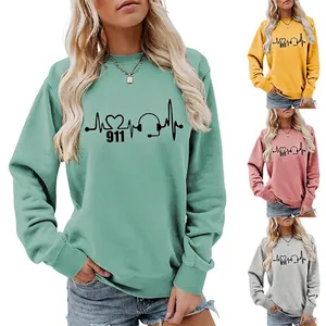 Women Sweatshirt Cotton Round Neck Long Sleeve Pullover Heartbeat Graphic Emergency Dispatcher Design Casual Soft Top