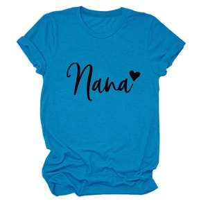 Close-up of Nana text with heart on sky blue cotton t-shirt with rolled sleeves