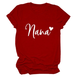 Detailed close-up of a red Nana heart print t-shirt featuring rolled cuff sleeve design