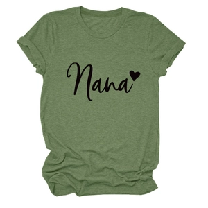 Close-up of grass green crew neck Nana tee with heart print and rolled sleeve detail