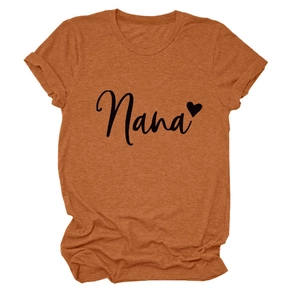 Detail of Nana text and heart print on a brown-orange crew neck cotton T-shirt