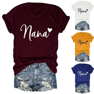 Nana Heart Print Women's T-Shirt Short Sleeve Round Neck Casual Cotton Blend Summer Top