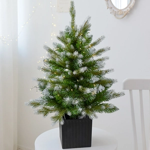 60cm PE artificial Christmas tree with snow-dusted tips and LED lights in a black pot