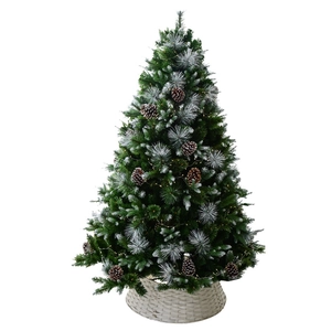 Artificial 1.8m Christmas tree with snow tips, pine cones, and warm white LED lights