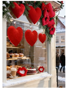 Close-up of red velvet heart and lip ornaments for a romantic Valentine's Day scene