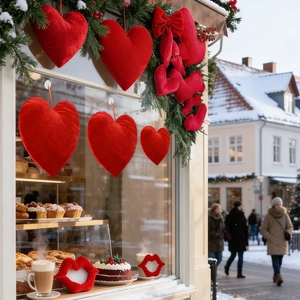 Red velvet heart ornaments hanging in a snowy winter shop window for romantic decor