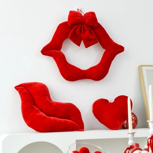 Red velvet lip and heart decorative pillows with ribbon for Valentine's party decor