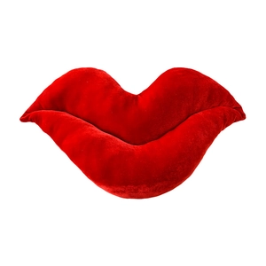 Red lip-shaped velvet cushion for Valentine's Day party decor on a white background