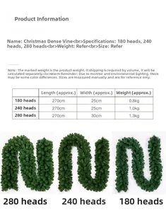 Size chart for 270cm green PVC Christmas garland with 180, 240, and 280 tips specifications