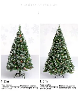 Comparaison de sapins de Noël enneigés de 1,2m et 1,5m avec pommes de pin et support